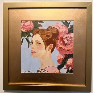 Elegant Female Portrait with Pink Rose Floral Accents in Gold Frame by Brittony